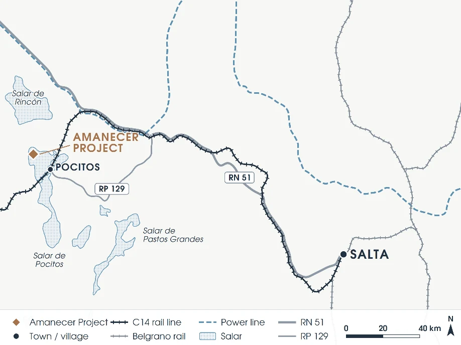Map locating Amanecer in northern Pocitos Salar, Salta, Argentina, with regional access roads